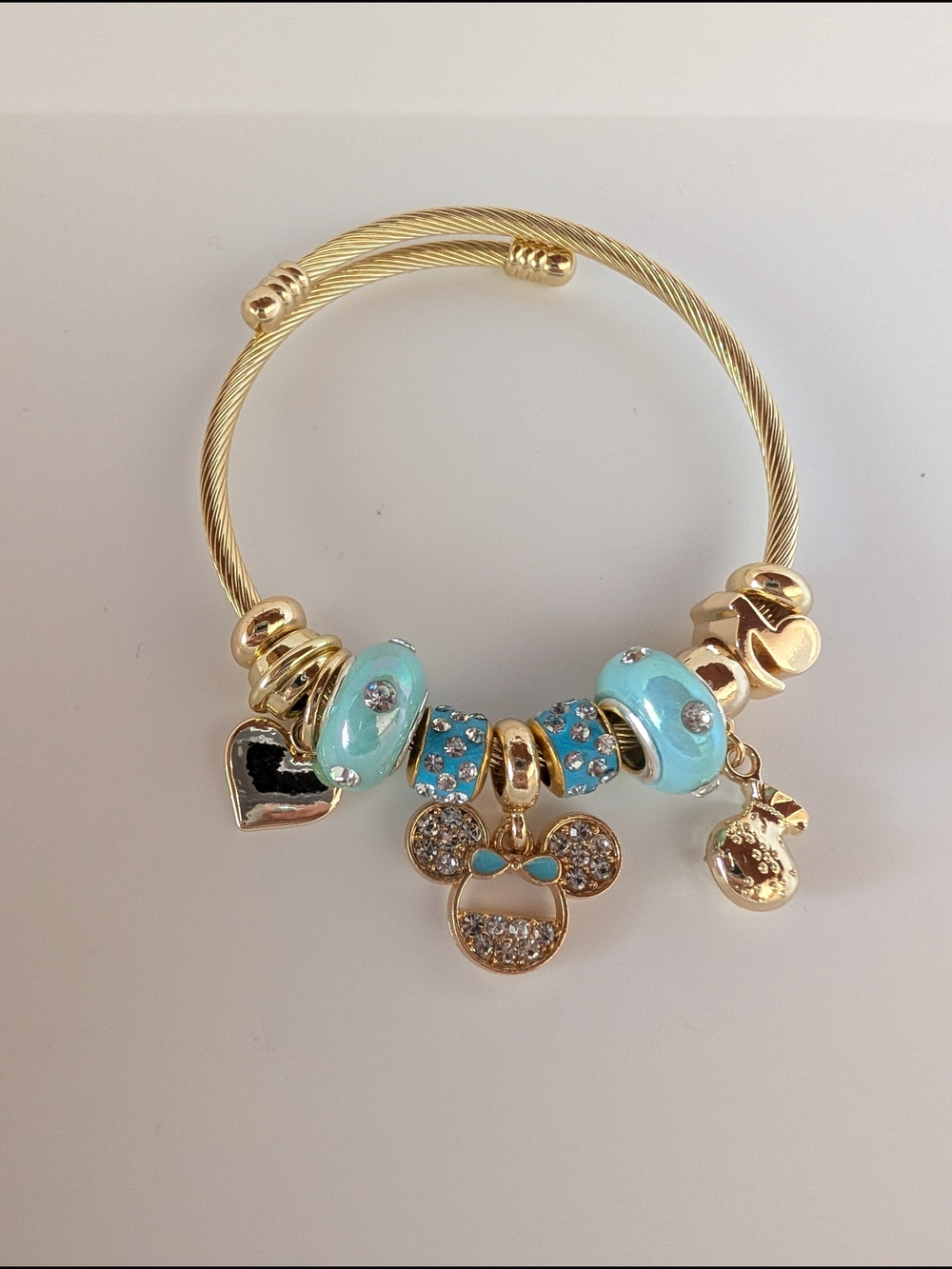 Gold-Tone Bracelet with Turquoise Enamel Beads and Crystal Mouse Charm